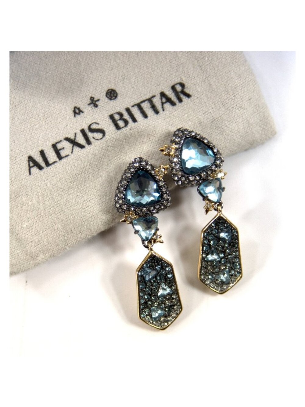Alexis Bittar Blue Crystal Rhodium Plated Shield Drop CLIP ON Earrings NWT RARE!